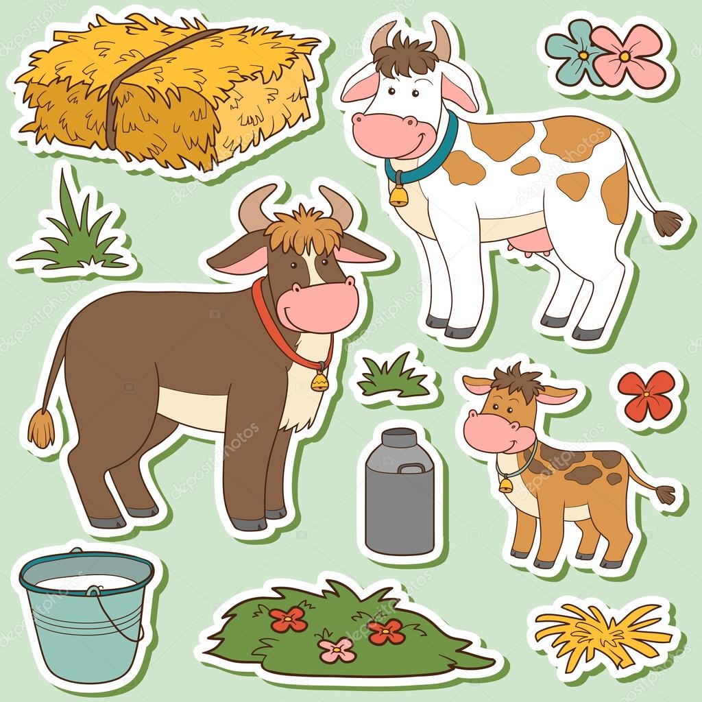 Color set of cute farm animals and objects, vector family cow an
