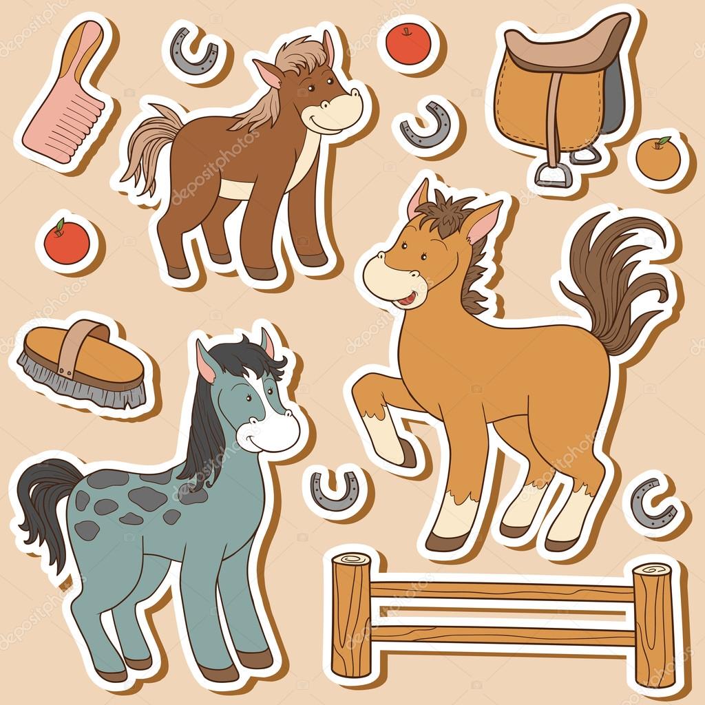 Color set of cute farm animals and objects, vector family horse 
