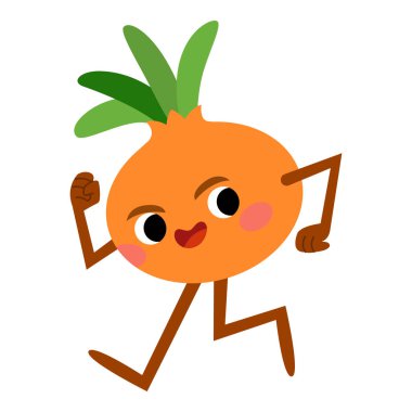 Huysuz soğan karakteri koşuyor. Düz vektör çizimi beyaz arkaplanda izole edildi. Çocuk oyunları ya da yemek projeleri için komik bir sebze karakteri.