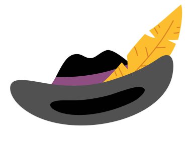 Üzerinde sarı tüy olan siyah korsan şapkası. Düz vektör çizimi beyaz arkaplanda izole edildi. Temalı kartlar, macera oyunları ve parti dekorasyonları için sevimli bir aksesuar