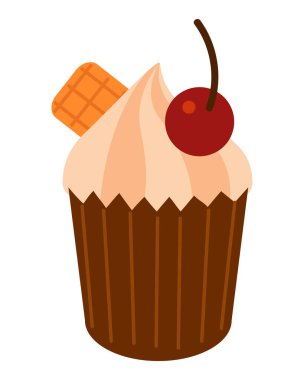 Üstünde kiraz ve kurabiye olan vanilyalı kek. Düz vektör çizimi beyaz arkaplanda izole edildi. Pastane tasarımları, menüler ve çocuk projeleri için lezzetli tatlı sanatı..