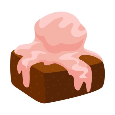 Bir kepçe pembe çilekli dondurmalı çikolatalı kek. Beyaz arka planda izole edilmiş vektör tatlı çizimi. Kafe, tarif kartları ya da menü projeleri için şirin bir tasarım..