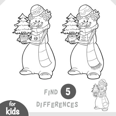 Tatlı kardan adam ve küçük Noel ağacı. Anaokulu ve anaokulu çocukları için farklılıkları belirle. Çocuklar için siyah-beyaz renkli çizgi film sayfası. Kawaii kış karakteri