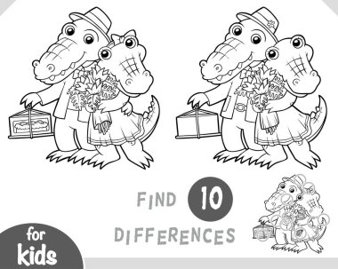 Randevuda sevimli bir çift timsah. Anaokulu ve anaokulu çocukları için farklılıkları belirle. Çocuklar için siyah-beyaz renkli çizgi film sayfası. Kawaii karakterleri