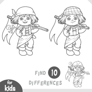 Sevimli korsan kız ve bayrak. Anaokulu ve anaokulu çocukları için farklılıkları belirle. Çocuklar için siyah-beyaz renkli çizgi film sayfası. Kawaii macera karakteri