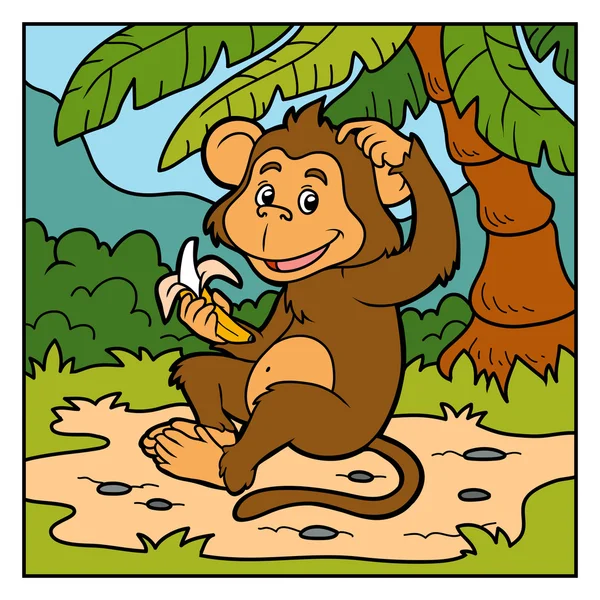 Ilustração de cor vetorial (pequeno macaco com uma banana ) — Vetor de Stock