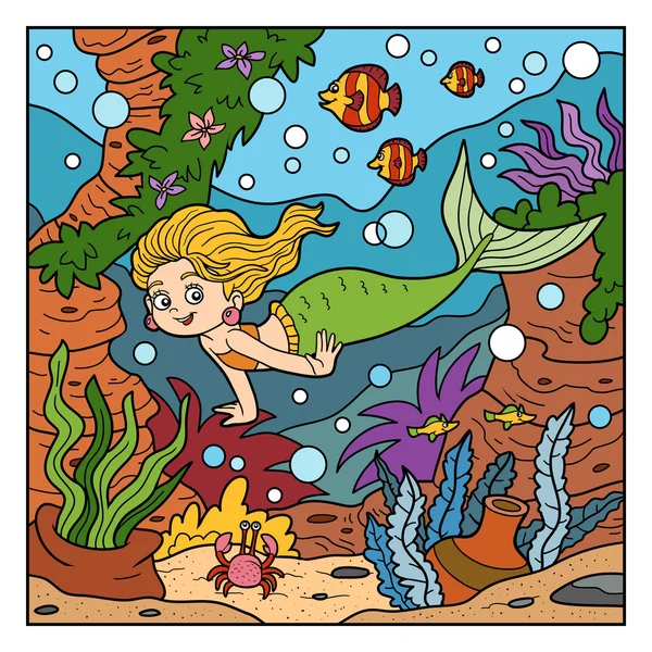Vektör rengi çizim (küçük deniz kızı ve deniz dünya) — Stok Vektör