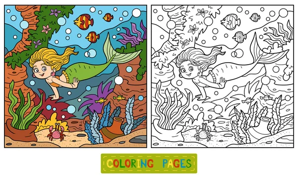 Kleurboek: kleine zeemeermin en zee wereld — Stockvector