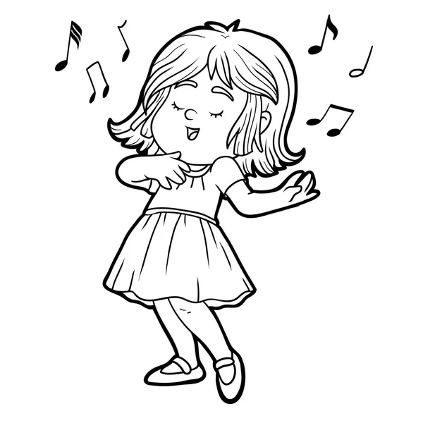 Coloring book: little girl in a red dress is singing a song — Stock Vector