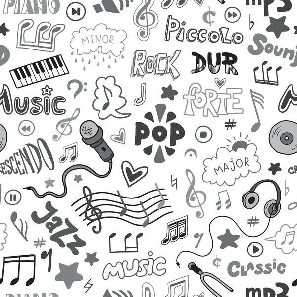 Vector seamless pattern of hand drawn doodles on a music theme. — Stock Vector