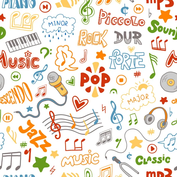 Vector seamless pattern of hand drawn doodles on a music theme. — Stock Vector