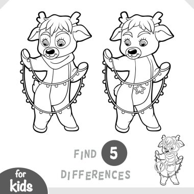 Noel ağacı çelengi olan sevimli bir geyik. Anaokulu ve anaokulu çocukları için farklılıkları belirle. Çocuklar için siyah-beyaz renkli çizgi film sayfası. Kawaii kış karakteri