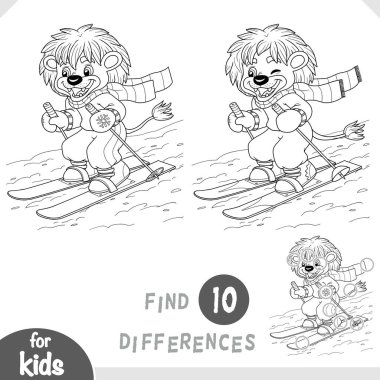 Tatlı aslan karakteri kayak yapıyor. Anaokulu ve anaokulu çocukları için farklılıkları belirle. Çocuklar için kış hayvanları hakkında çizgi film tarzında siyah beyaz renkli sayfalar