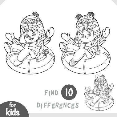 Şişme kızağa binen mutlu kız karakteri. Anaokulu ve anaokulu çocukları için farklılıkları belirle. Çocuklar için kış etkinlikleri hakkında çizgi film tarzında siyah-beyaz renkli sayfa