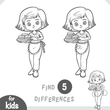 Elinde lezzetli hamburgerleri olan tepsiyi tutan sevimli kız karakteri. Anaokulu ve anaokulu çocukları için farklılıkları belirle. Eğlenceli siyah beyaz çizgi film faaliyet sayfası