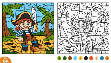 Kılıç ve hazine sandığı renginde şirin bir korsan. Çocuklar için sayfa sayfa. Anaokulu ve anaokulu çocukları için numara ve renkleri öğrenmek için eğitici bir aktivite oyunu. Tropik deniz macerası