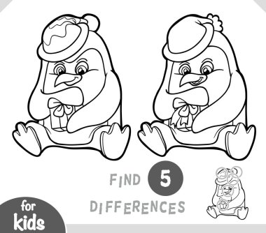 Sevimli penguen ve Noel hediyesi. Anaokulu ve anaokulu çocukları için farklılıkları belirle. Çocuklar için kış hayvanları hakkında çizgi film tarzında siyah beyaz renkli sayfalar