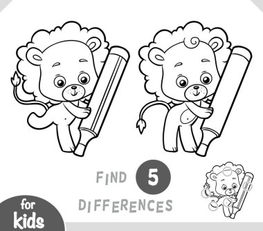 Büyük keçeli sevimli aslan karakteri. Anaokulu ve anaokulu çocukları için farklılıkları belirle. Çocuklar için çizgi film tarzında siyah-beyaz renkli sayfa 