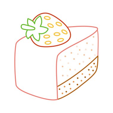 Kalın renkli bir hatla bir dilim çilekli kek. Düz vektör çizimi beyaz arkaplanda izole edildi. Çocuk kitapları için eğlenceli bir tatlı boyama sayfası. Kolay çizgi film faaliyet çalışma tablosu