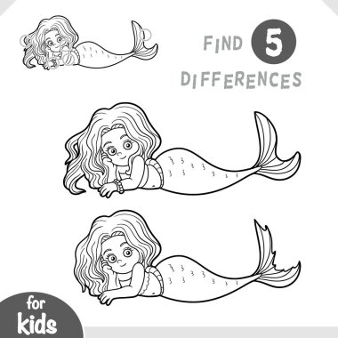 Sevimli denizkızı karakteri. Anaokulu ve anaokulu çocukları için farklılıkları belirle. Peri masalları hakkında çocuklar için karikatür tarzında siyah-beyaz renkli sayfa