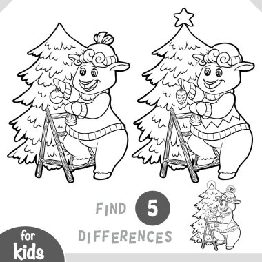 Saf karakter Noel ağacını süslüyor. Anaokulu ve anaokulu çocukları için farklılıkları belirle. Çocuklar için kış tatilleri hakkında çizgi film tarzında siyah-beyaz renkli sayfa