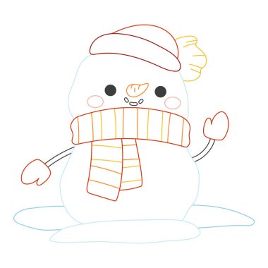 Atkı takmış sevimli bir kardan adam ve kalın renkli bir şapka. Düz vektör çizimi beyaz arkaplanda izole edildi. Çocuk kitapları için eğlenceli bir kış boyama sayfası. Kolay bir çizgi film tatili faaliyet çalışma tablosu.