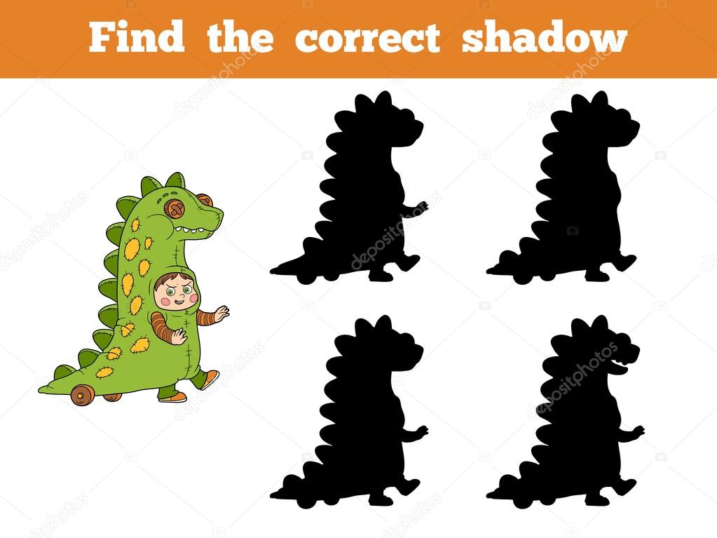 Find correct shadow: Halloween characters (dinosaur costume)