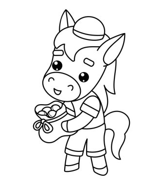 Güzel bir çizgi film, hayvan atı ve bir çanta dolusu para. Çocuklar için basit çizgi film tarzında siyah ana hatlı boyama sayfası. Kawaii, Çin Yeni Yılı 'nın eğlenceli tasarım ve projeleri için sembolü.