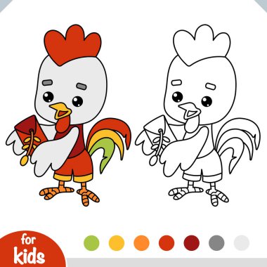 Tatlı çizgi film, hayvan horozu ve para zarfı. Renk örneği ve paleti çocuklar için basit çizgi film tarzında boyama sayfası. Kawaii, Çin Yeni Yılı 'nın eğlenceli şenlik tasarımları sembolü.