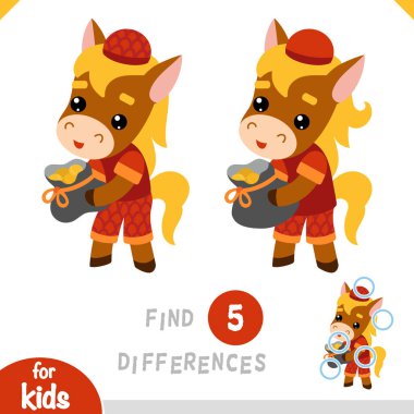 Güzel bir çizgi film, hayvan atı ve bir çanta dolusu bozuk para. Anaokulu ve anaokulu çocukları için farklılıkları belirle. Çocukların eğitim projeleri için eğlenceli unsurları olan Çinli yeni yıl karakteri