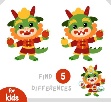 Tatlı çizgi film, hayvan ejderhası ve kırmızı elmalar. Anaokulu ve anaokulu çocukları için farklılıkları belirle. Çocukların eğitim projeleri için eğlenceli unsurları olan Çinli yeni yıl karakteri