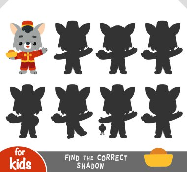 Ay Yeni Yılı 'nın sembolü olarak sevimli çizgi film kedisi ve altın tekne. Anaokulu ve anaokulu çocukları için doğru gölge oyununu bul. Odaklanmayı ve şekilleri öğrenmek için eğlenceli eğitici aktivite