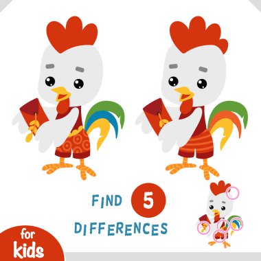 Tatlı çizgi film, hayvan horozu ve kırmızı zarf. Anaokulu ve anaokulu çocukları için farklılıkları belirle. Çocukların eğitim projeleri için eğlenceli unsurları olan Çinli yeni yıl karakteri