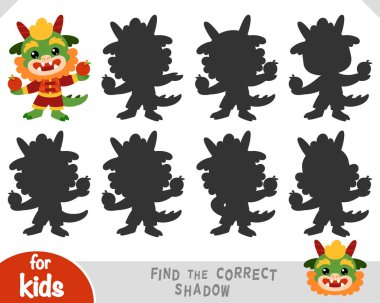 Çin Yeni Yılı 'nın sembolü olarak sevimli bir zodyak ejderhası ve elmalar. Anaokulu ve anaokulu çocukları için doğru gölge oyununu bul. Odaklanmayı ve şekilleri öğrenmek için eğlenceli eğitici aktivite