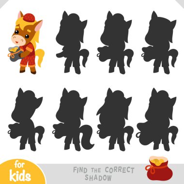 Çin Yeni Yılı 'nın sembolü olarak içinde bozuk paralar olan şirin bir zodyak at ve çanta. Anaokulu ve anaokulu çocukları için doğru gölge oyununu bul. Odaklanmayı ve şekilleri öğrenmek için eğlenceli eğitici aktivite