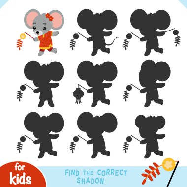 Çin Yeni Yılı 'nın sembolü olarak şirin bir çizgi roman faresi ve şenlikli nesneler. Anaokulu ve anaokulu çocukları için doğru gölge oyununu bul. Odaklanmayı ve şekilleri öğrenmek için eğlenceli eğitici aktivite