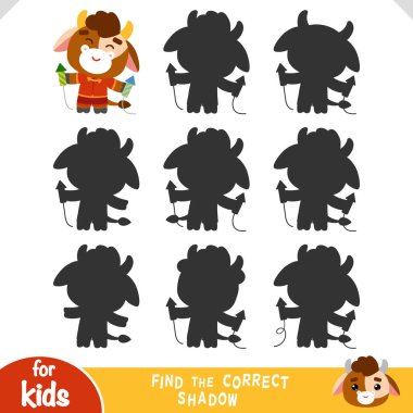 Çin Yeni Yılı 'nın sembolü olarak sevimli bir Zodiac öküzü ve havai fişek çizgi filmi. Anaokulu ve anaokulu çocukları için doğru gölge oyununu bul. Odaklanmayı ve şekilleri öğrenmek için eğlenceli eğitici aktivite