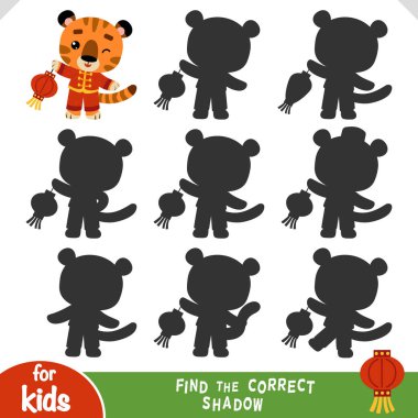 Çin Yeni Yılı 'nın sembolü olarak sevimli bir zodyak kaplanı ve fener. Anaokulu ve anaokulu çocukları için doğru gölge oyununu bul. Odaklanmayı ve şekilleri öğrenmek için eğlenceli eğitici aktivite