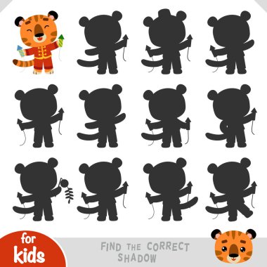 Çin Yeni Yılı 'nın sembolü olarak sevimli bir Zodiac Tiger çizgi filmi ve havai fişekler. Anaokulu ve anaokulu çocukları için doğru gölge oyununu bul. Odaklanmayı ve şekilleri öğrenmek için eğlenceli eğitici aktivite