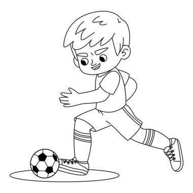 Genç futbolcu çocuk koşuyor ve topa vuruyor. Beyaz arka planda izole edilmiş, düz çizgi film tarzında siyah ve beyaz çizgiler. Çocuk etkinlikleri için basit özet çizim sayfası
