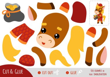 Çocuklar için eğitim kâğıdı oyunu, Çin yeni yılı karakter atı ve bir çanta dolusu bozuk para. Resmi oluşturmak için makas ve yapıştırıcı kullanın. Çocuklar için yaratıcı ay tatili etkinliği.