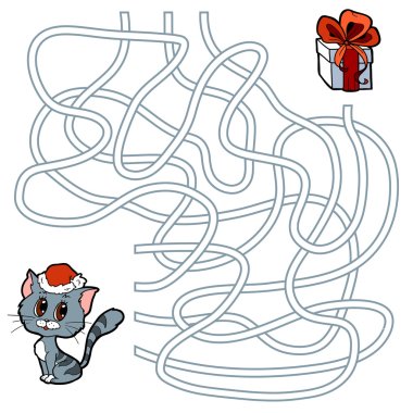 Maze game for children: cat and Christmas gift clipart