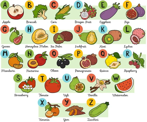 Alfabeto de colores para niños: frutas y verduras — Vector de stock