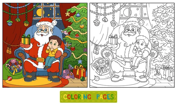 Livro para colorir para crianças: Papai Noel dá um presente um menino —  Vetores de Stock
