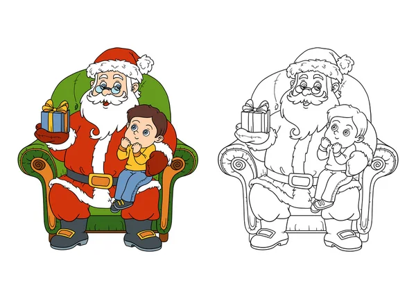 Omalovánky pro děti: Santa Claus dává dar malého chlapce — Stockový vektor