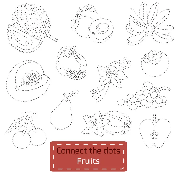 Conectar los puntos (conjunto de frutas tropicales), juego de educación — Vector de stock