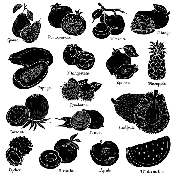 Set incoloro con frutas tropicales, pegatinas de dibujos animados vectoriales — Archivo Imágenes Vectoriales