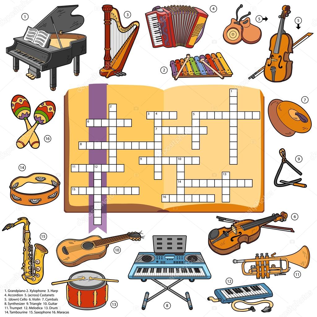 Color crossword, education game for children about music instrum