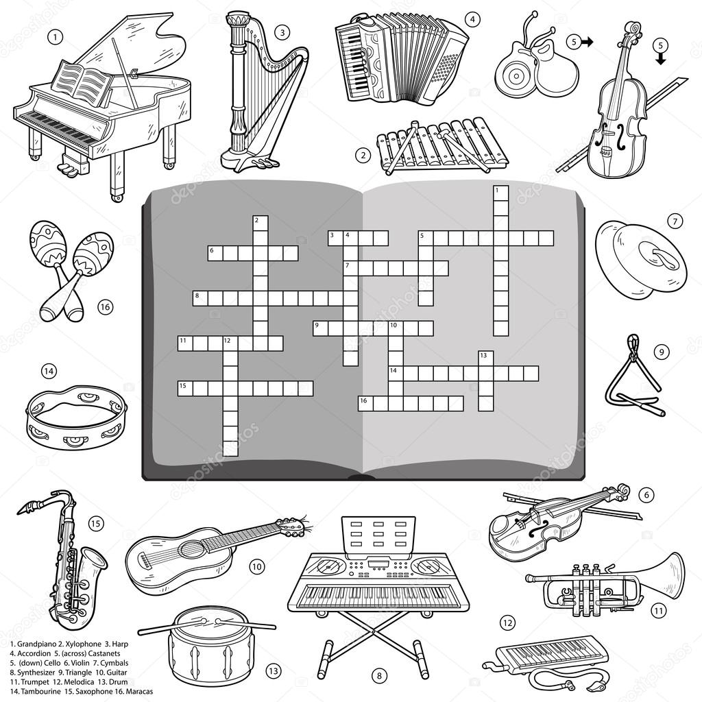 Vector colorless crossword, game for children about music instru