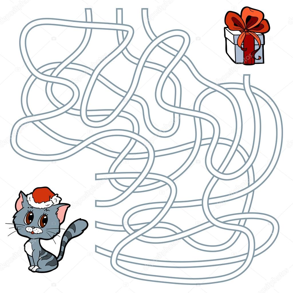 Maze game for children: cat and Christmas gift